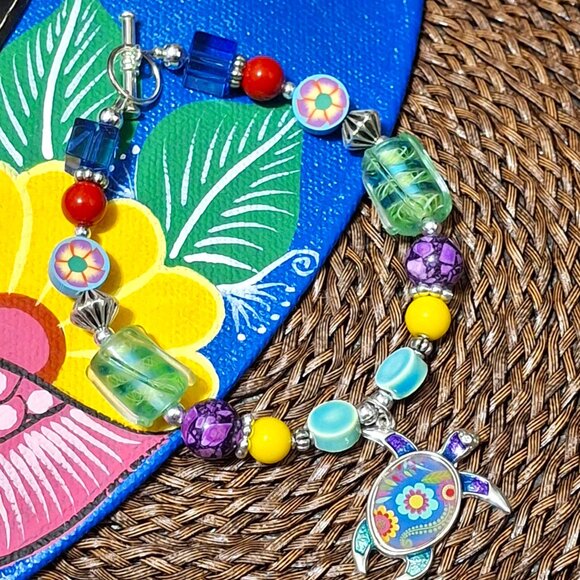 Artisan Hand Crafted Bracelet Turtle Flower Colorful Beaded OSFM - Picture 10 of 10